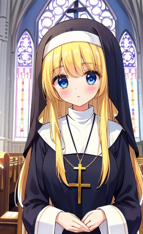 Beautiful long blonde girl　Blue Eyes　Long sleeve, Nuns, habit, Nuns, habit, dress,  long dress, Catholic;　church　Offer a prayer　Cross Necklace