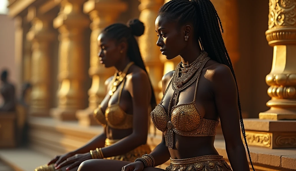 nubian slave girls in chains on the floor, chokers, golden bikini, far shot, destert temple in background