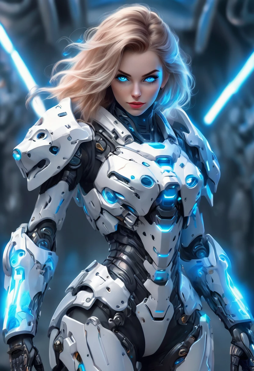 A woman wearing exoskeleton cyber armor, The armor fits snugly、((she has a plasma gun in her hand)), Full body photo, Maximum details, Superior quality through precise drawings, 8k,chest, blue eyes,  High resolution, 超High resolution, Best Quality, (she&#39;She&#39;s wearing a circuit board dress with LED accents., Futuristic metallic bob)Shortcuts, Big chest, Cinematic Lighting Effects, 未来的な美しいBlack Hairの女性, Shining blue eyes, Cyberpunk style woman, ((High tech spaceship interior with blue light illumination)), High-quality images,Shortcuts, Bob Hair, Bob Hair, Very short hair, Black Hair, 