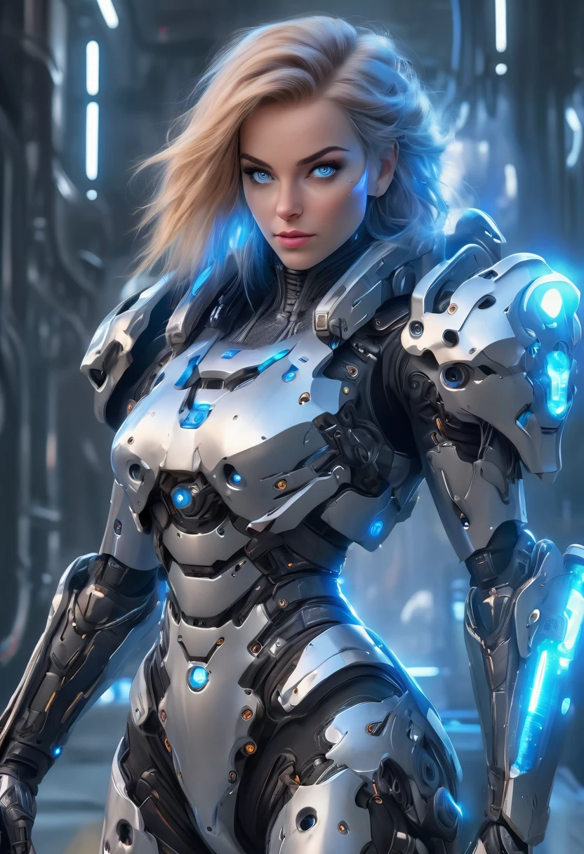 A woman wearing exoskeleton cyber armor, The armor fits snugly、((she has a plasma gun in her hand)), Full body photo, Maximum details, Superior quality through precise drawings, 8k,chest, blue eyes,  High resolution, 超High resolution, Best Quality, (she&#39;She&#39;s wearing a circuit board dress with LED accents., Futuristic metallic bob)Shortcuts, Big chest, Cinematic Lighting Effects, 未来的な美しいBlack Hairの女性, Shining blue eyes, Cyberpunk style woman, ((High tech spaceship interior with blue light illumination)), High-quality images,Shortcuts, Bob Hair, Bob Hair, Very short hair, Black Hair, 