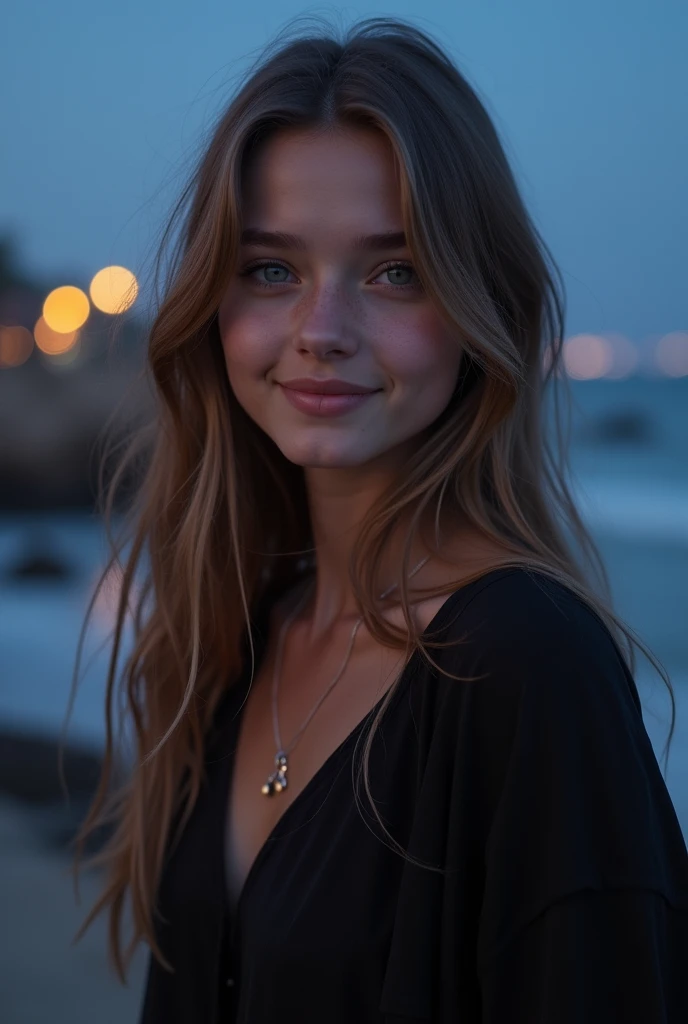 (masterpiece, high quality, night, Hidden Shot, Low profile), Close-up portrait, Solitary, Shallow freckles, close up, A lovely girl, Fair skin, Long hair, (European, Blonde hair, 24 years old:1.3), Sexy, Innocence, thigh, Smile, (淡淡的Smile:0.8), Whore atmosphere, in love, Simple black dress, epic night sky, Delicate natural skin texture, The gaze, Natural Lighting, Shallow depth of field, Romantic environment, Dreamy pastel tones, Peculiar details, Photographed in, National Foundation，full-body shot，