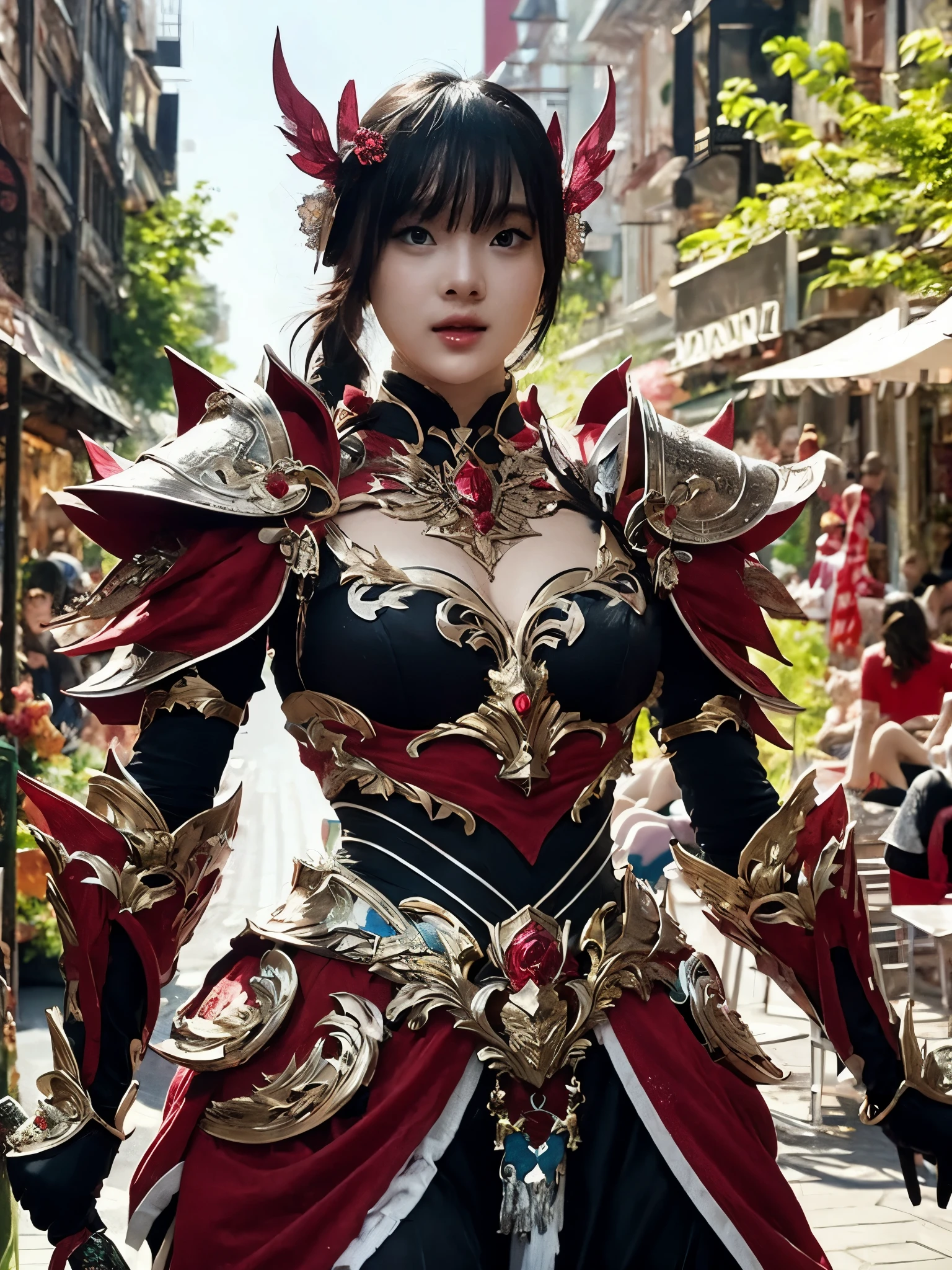 (masterpiece, best quality:1.2), 1girl, solo, fantasy armor, colorfull armor, crowded city