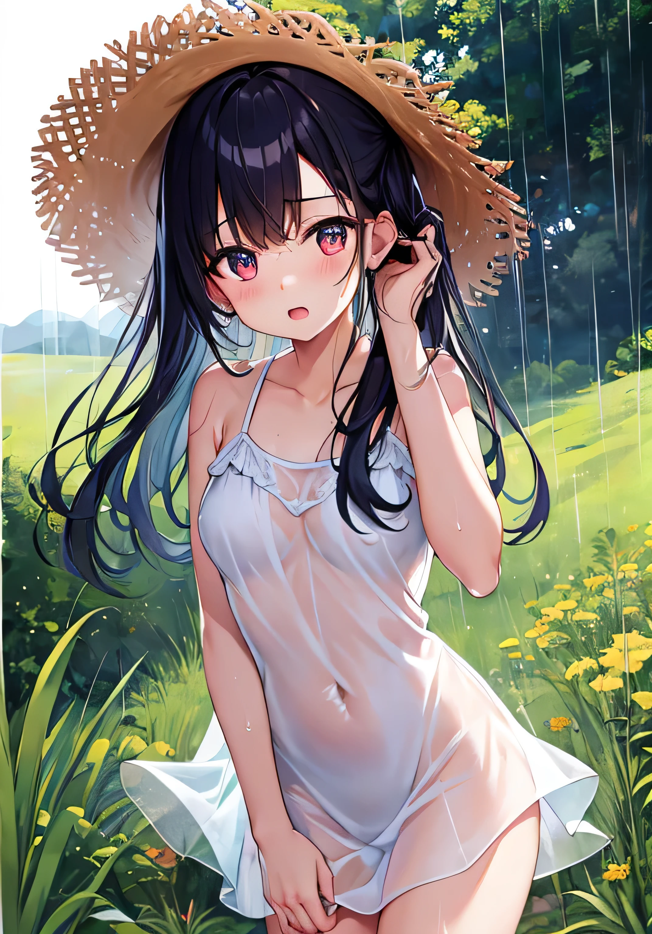 8-year-old elementary school girl Black Hair long hair Straw hat Purple Eyes smile 1 person White Summer Dress White panties Wearing sandals Her clothes are see-through and her panties are visible Country road Dynamic Angle Low - Angle