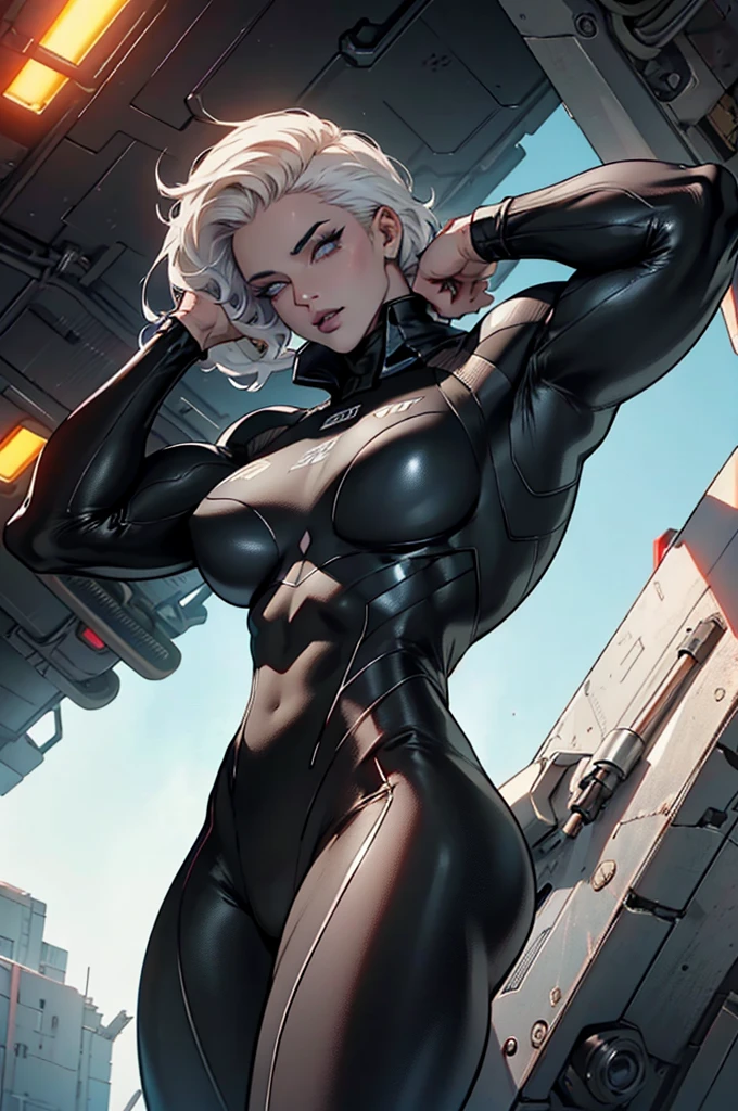 ((melhor qualidade)), ((obra de arte)), (detalhado: 1.4), (absurdo), Stefania Ferrario as fighter pilot ready for war, Roupas cyberpunk de couro branco, com desenhos abstratos espetaculares, color explosion, cosmic tattoo, nebula, corpo escultural muscular definido, todo o corpo, coxas nuas meio grossas, boca fechada, body covered in cyberpunk technological clothing, decote generoso, ((perfect medium breasts)), (olhos azuis super claros), ((roupas branca e laranja)), (((cabelo loiro curto)))), long black eyelashes heavy makeup, cinta-liga, niji--V5, perto do real, psicopata, Cara de maluco, pose sexy, fundo fractal, 2 piece outfit, pastel, centrado, scale to fit dimensions, HDR (High-range dynamics),Rastreamento de raio,NVIDIA RTX,Super-resolution,Irreal 5, underground dispersal, Textura PBR, Post-processing, Anisotropic filtering, profundidade de campo, maximum clarity and sharpness, Texturas multicamadas, Albedo e mapas especulares, surface shading, Accurate simulation of light-material interaction, perfect proportions, octane rendering, two tone lighting, Grande abertura, ISO baixo, white balance, rule of thirds, 8K CRU, Crysisnanosuit