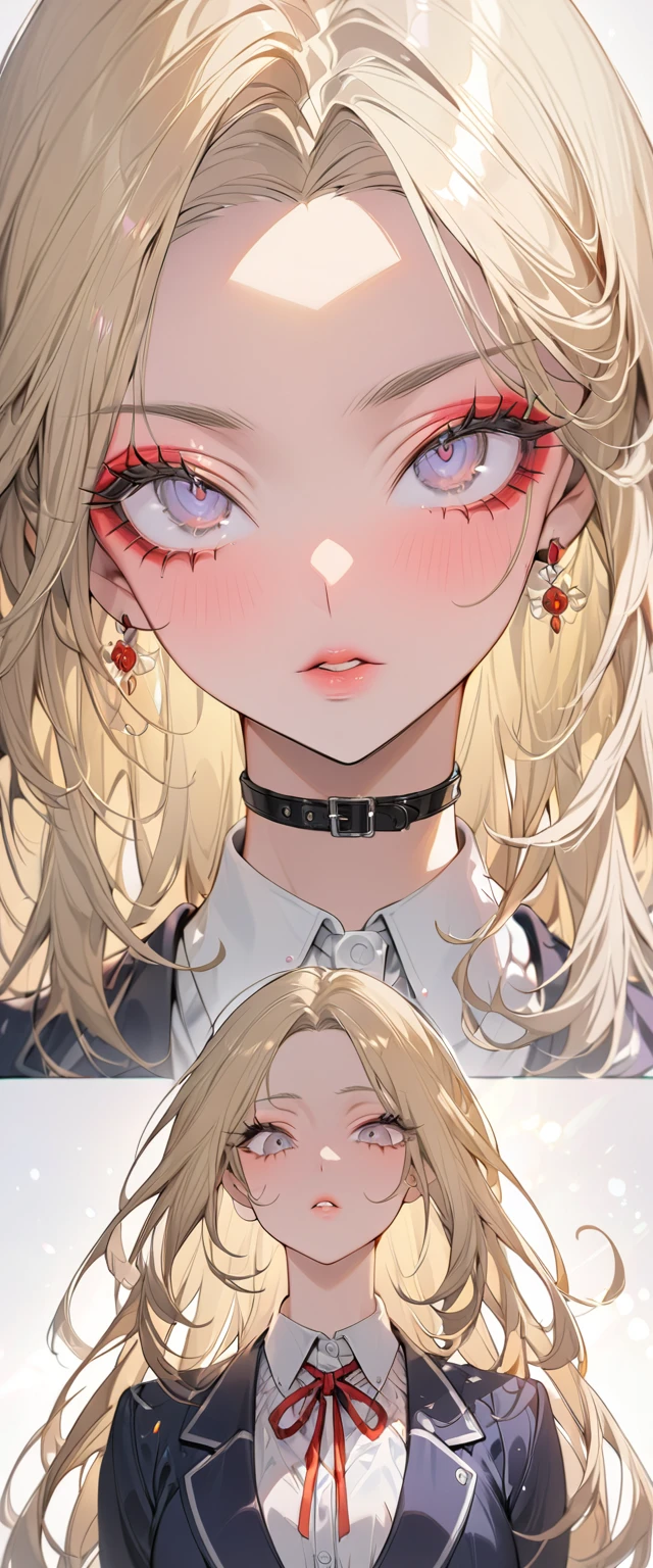 (Best Quality,Very detailed,High resolution:1.2),Beautiful woman with perfect face,very_Long eyelashes, Detailed lips, Cool look, Soft Skin, Shiny Hair,Exquisite makeup,Heavy bangs，shout，Enlarged grey eyes，Long, straight blonde hair with hints of peach，Student Uniform、Navy blazer over a white shirt、Ribbon on collar