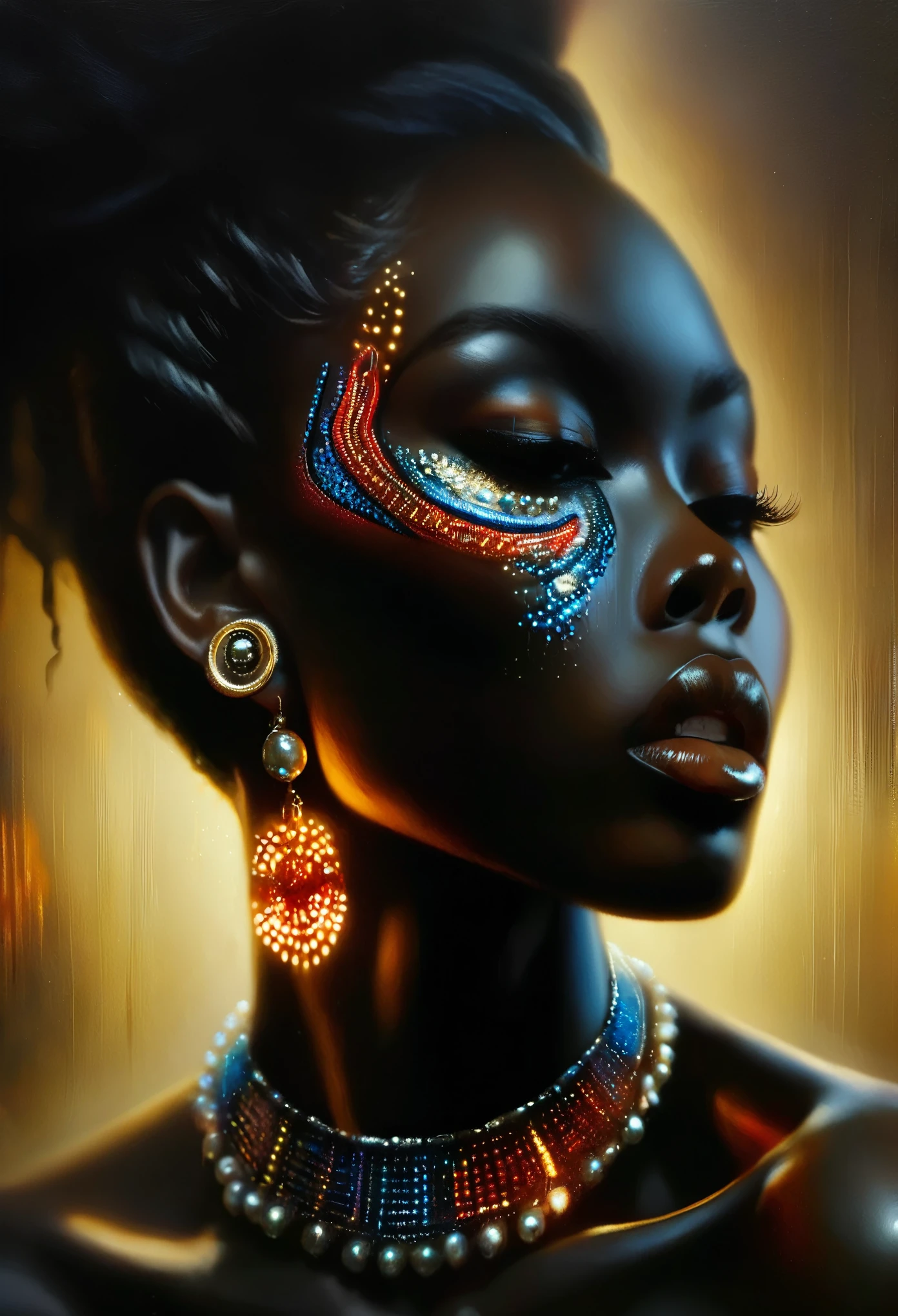 4D portrait of a full body image of a black woman dressed in African design clothing with glowing neon red and blue tattoos, with tattoos lighting up the scene, an atmosphere of yellow haze on the scene, low-lit scene with only the tattoos glowing in the scene, At the bottom of the city, oil painting, 3/4 profile view, stunning african design pearl necklace, luxurious fabrics, Detailed embroidery, Moody Chiaroscuro Lighting, high resolution