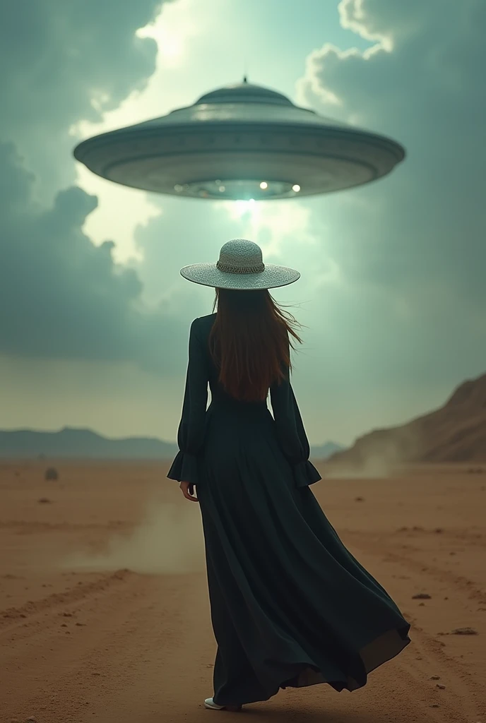 zendaya portrayed as Cleopatra, scared, seeing the appearance of an alien ship in the sky, night light phophotorealistic portrait, dramatic, cinematic, 4k resoltion, hyperdetailed, dramatic scene, full body angle, back view