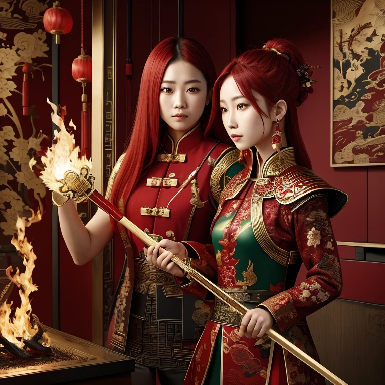 Three-dimensional image of a fantasy Chinese warrior girl. White and red warrior shirt with floral decoration. Red haired, wearing red earrings. green eyes. fair skin. Holding a Fire Sword. Behind the woman is a black dragon, GCV 314,159 golden colored at the back.