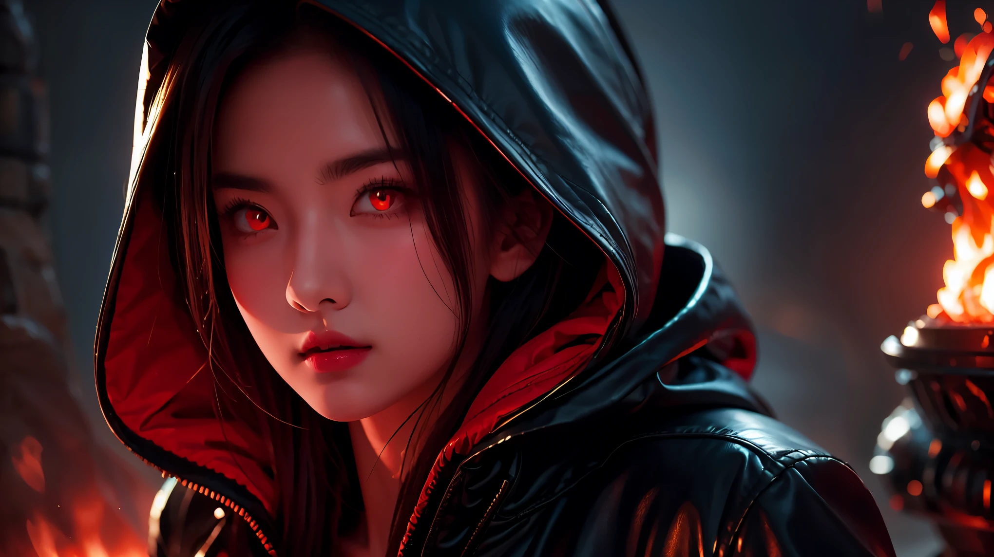 a woman of African descent with long curly hair and red eyes wearing a black leather hood, wearing an oni mask, anime foda 8k, 4K anime-style, com eerie glowing red eyes, com eerie glowing red eyes, 4k anime wallpaper, 4k anime wallpaper, 4k anime wallpaper, 4k anime art wallpaper, 8K anime art wallpaper, 4k anime art wallpaper, eerie glowing red eyes, demon anime girl