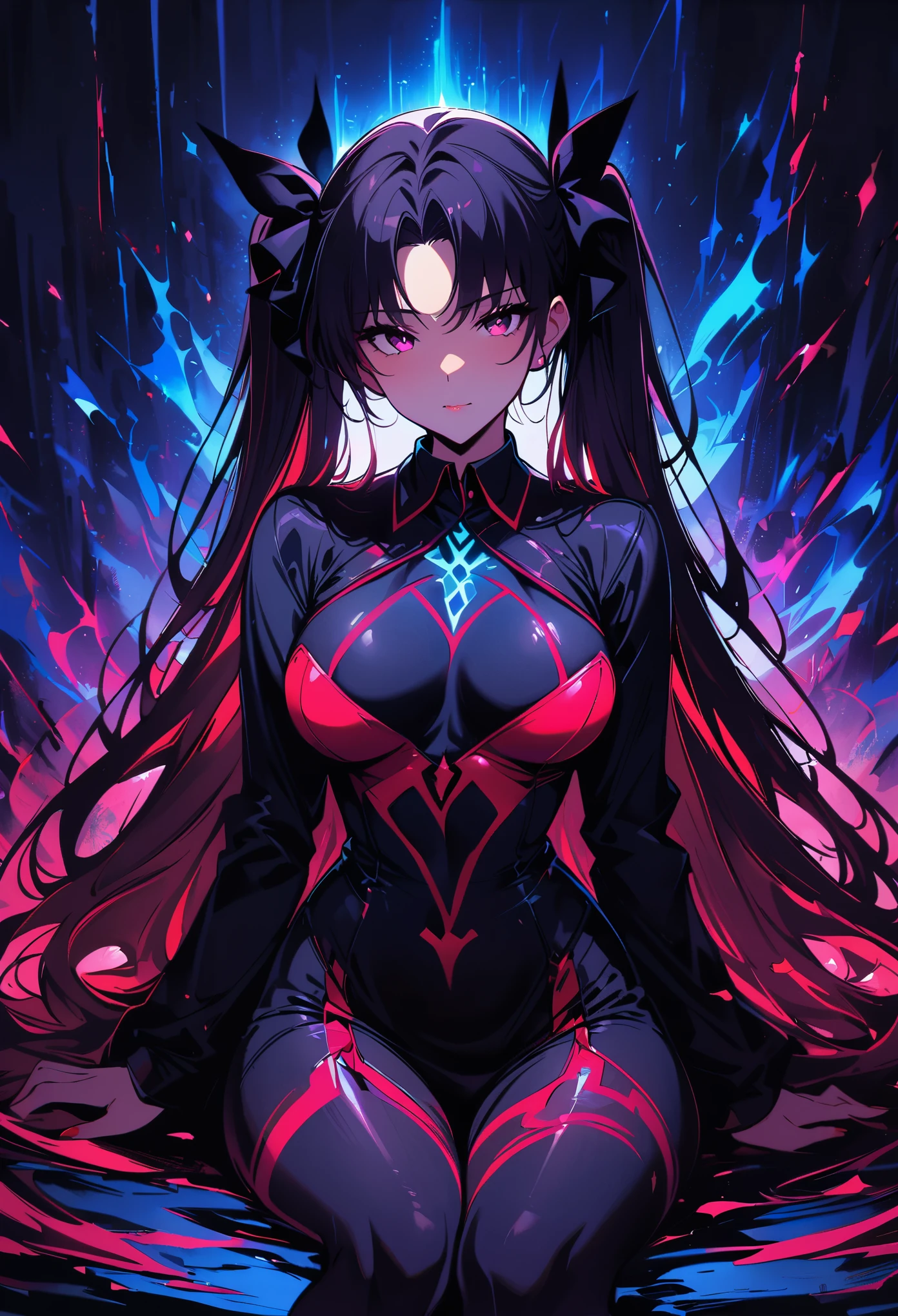 Rin Tohsaka,(masterpiece, Best quality:1.2), Black Light Art,1 girl, solitary,Tights,Chest,,Tights,Busty