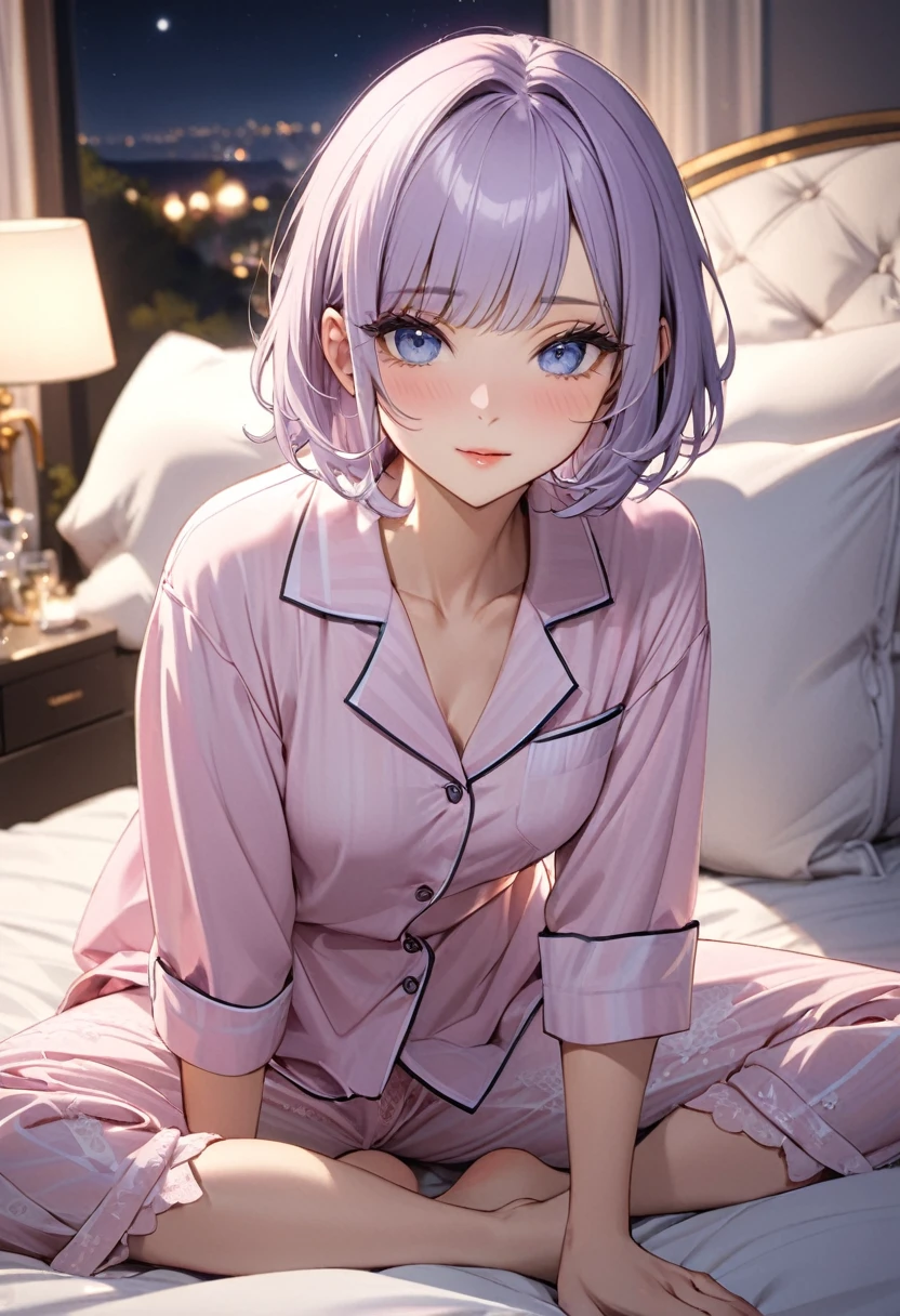 (highest quality:1.2, Very detailed, up to date, Vibrant, Ultra-high resolution, High Contrast, masterpiece:1.2, highest quality, Best aesthetics), Portraiture、girl、25-years-old, slim, , heterrochromia, green eye, red eye, stage、performance、Bright colors、Beautiful fine details、Beautiful lip detail、extra short hair, ((bob cut:1.5))、pink and purple ((streaked hair:1.9)), (highlights hair: 1.6), ((small breast:1.3), (tan skin:0.7), (sit on the bed:1), (reading a book:1)、cute Sleepwear, Resolute expression、Avid Fan、Rock star aura、cowboy shot