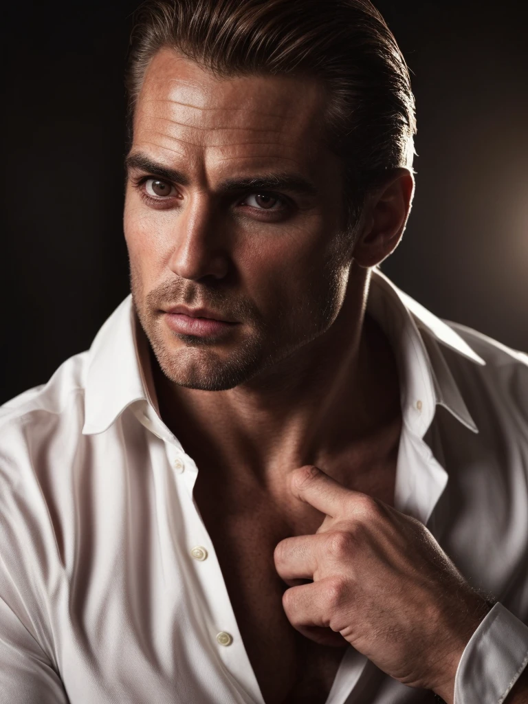 hair, portrait of a ruggedly handsome assassin, muscular, half body, masculine, mature, Retrato de un joven, Muscular very handsome and attractive spanis men, A 40 years old male, Retrato de un joven, real, ( Man in the history ), business white shirt, assassin, beautiful detailed eyes, beautiful detailed lips, extremely detailed eyes and face, business outfit, assassin gear, assassin pose, assassin action, dark and moody atmosphere, dramatic lighting, cinematic, dark fantasy, highly detailed, intricate, digital art, concept art, hyper realistic, 8k, ultra-detailed, masterpiece, photorealistic, professional, dramatic colors, chiaroscuro lighting