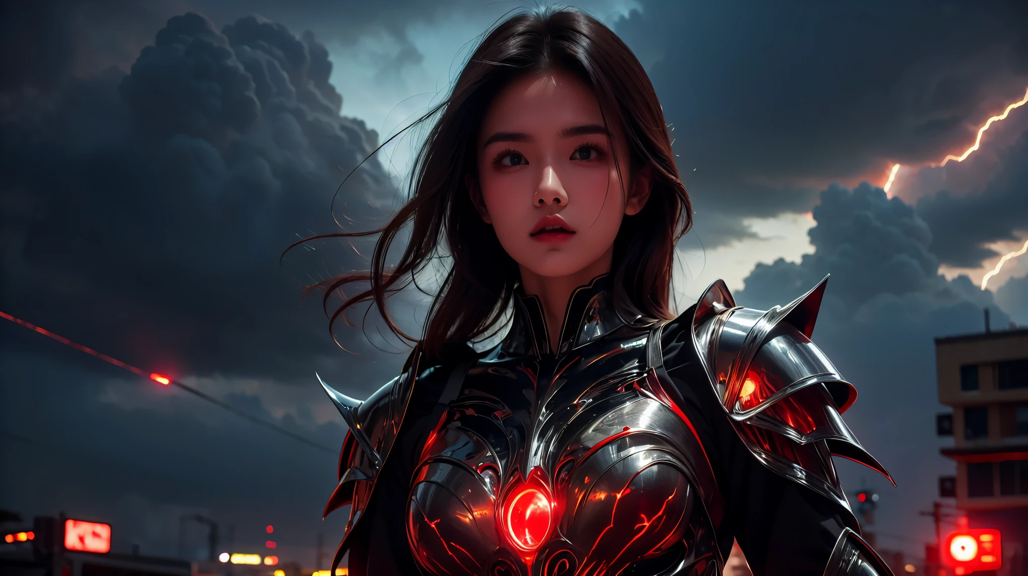 1 Japanese girl, battle armor, Intricate pattern, heavy metal, Energy lines, Faceless, Glowing eyes, elegant, Intense, blood red and black uniform, Solo, modern, City, Streets, Dark clouds, thunderstorm, heavy rain,, Dramatic lighting,, (Masterpiece:1.2), Best quality, high resolution, Beautiful detailed, Extremely detailed, Perfect lighting,