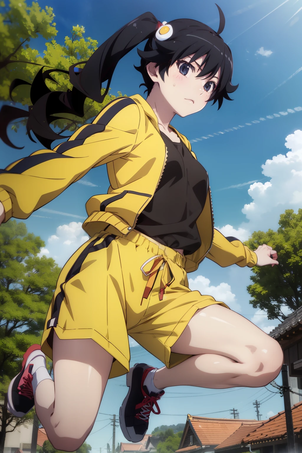 masterpiece、Best Quality、High resolution、Detailed face、araragikaren,(anime、anime塗り、animeカラーリング、RAW Photos)、Bakemonogatari、official、One girl, Alone, Karen Araragi, Long Hair, Side Ponytail, jacket, Ahoge, Shorts, Food, Foodie, track jacket, yellow Shorts, Fooded track jacket, Egg hair ornament, Black Shirt, (Jumping high:1.2), Outdoor, nature,