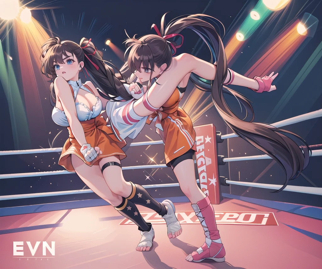 Best Quality，masterpiece，( WWE Divas，Wrestling Arena，Wrestling ring background, Boxing Ring Background), Lack of stamina, Ryona, Hitting a girl, death is near，タケユカ 超ロングヘア ヘアribbon, Frilled shirt, Underbust, ribbon, Fingerless gloves, White gloves, Waist apron, Orange Skirt, socks, Toeless legwear，