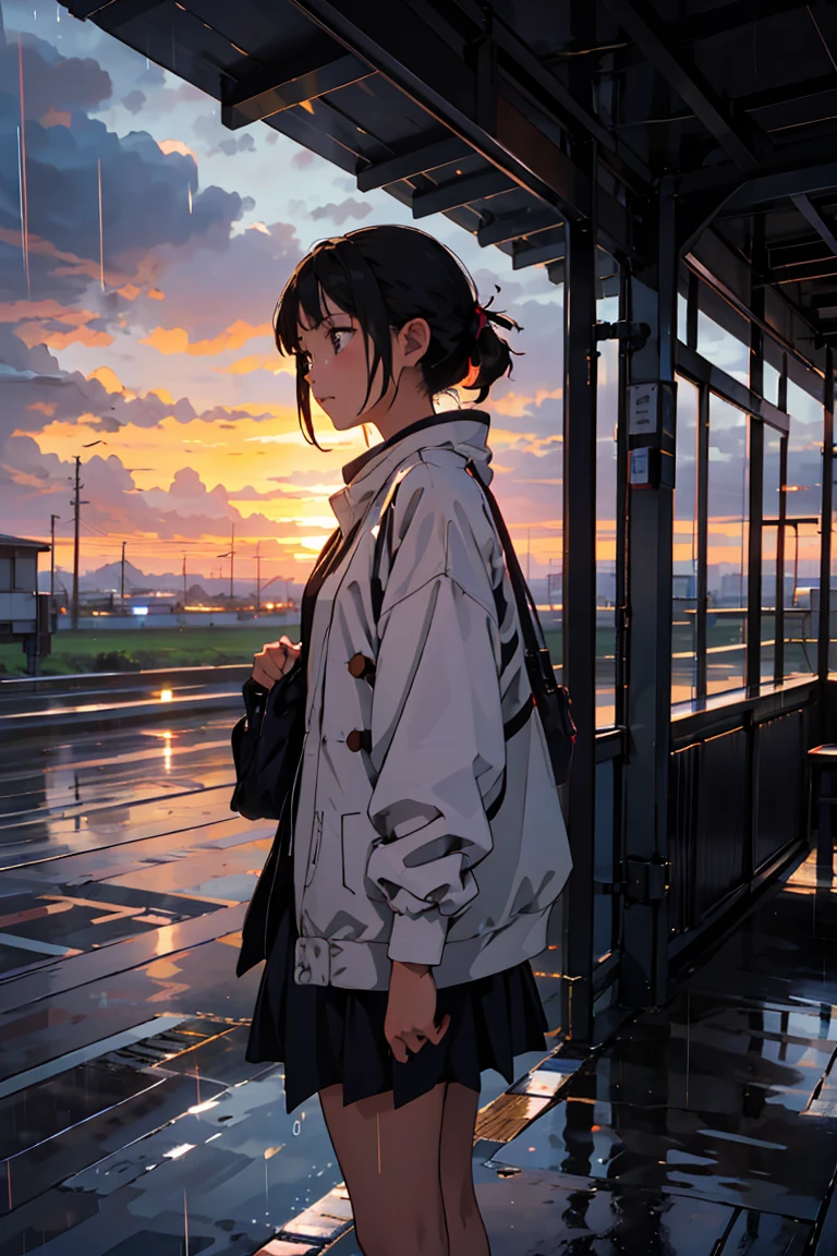 Best Quality, Beautiful vast plains, Rich, cat, Earth, horizon, (Detailed modern car with a girl), cloud, sunset, Sudden Rain, Attachment Platform, shinkai makoto、Evening sky、