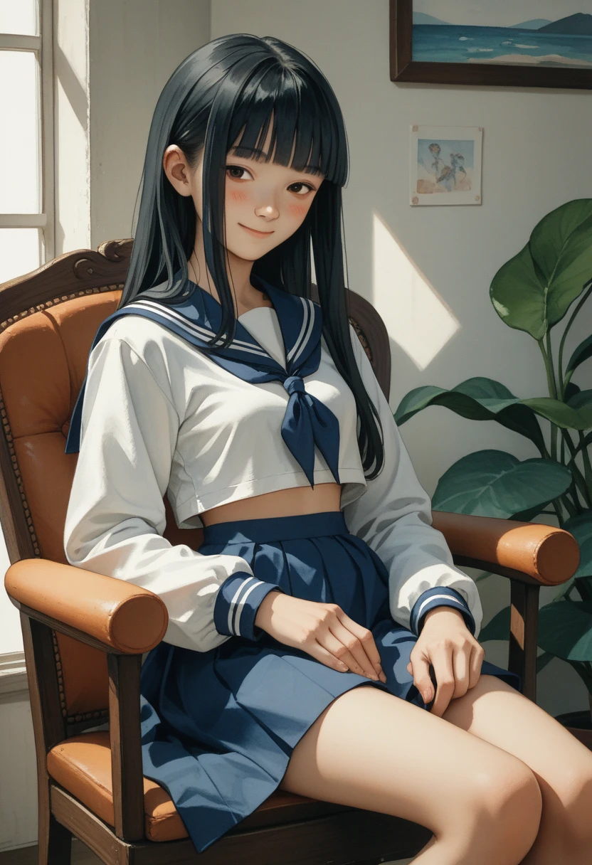 (drama,asian,imagem sem fundo,watercolor:1.1)black hair,long hair,straight hair,blunt bangs,small breasts,dark blue sailor collar,white sailor shirt,long sleeves,dark blue skirt,blush,light smile,sitting on chair,room