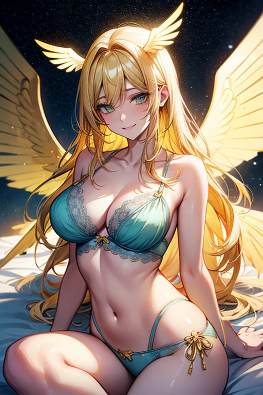 yellow hair, mint eyes, sexy, (gold angel wings), large breasts, sexy, beautiful body, masterpiece, ((sky blue lingerie)), smile, bedroom