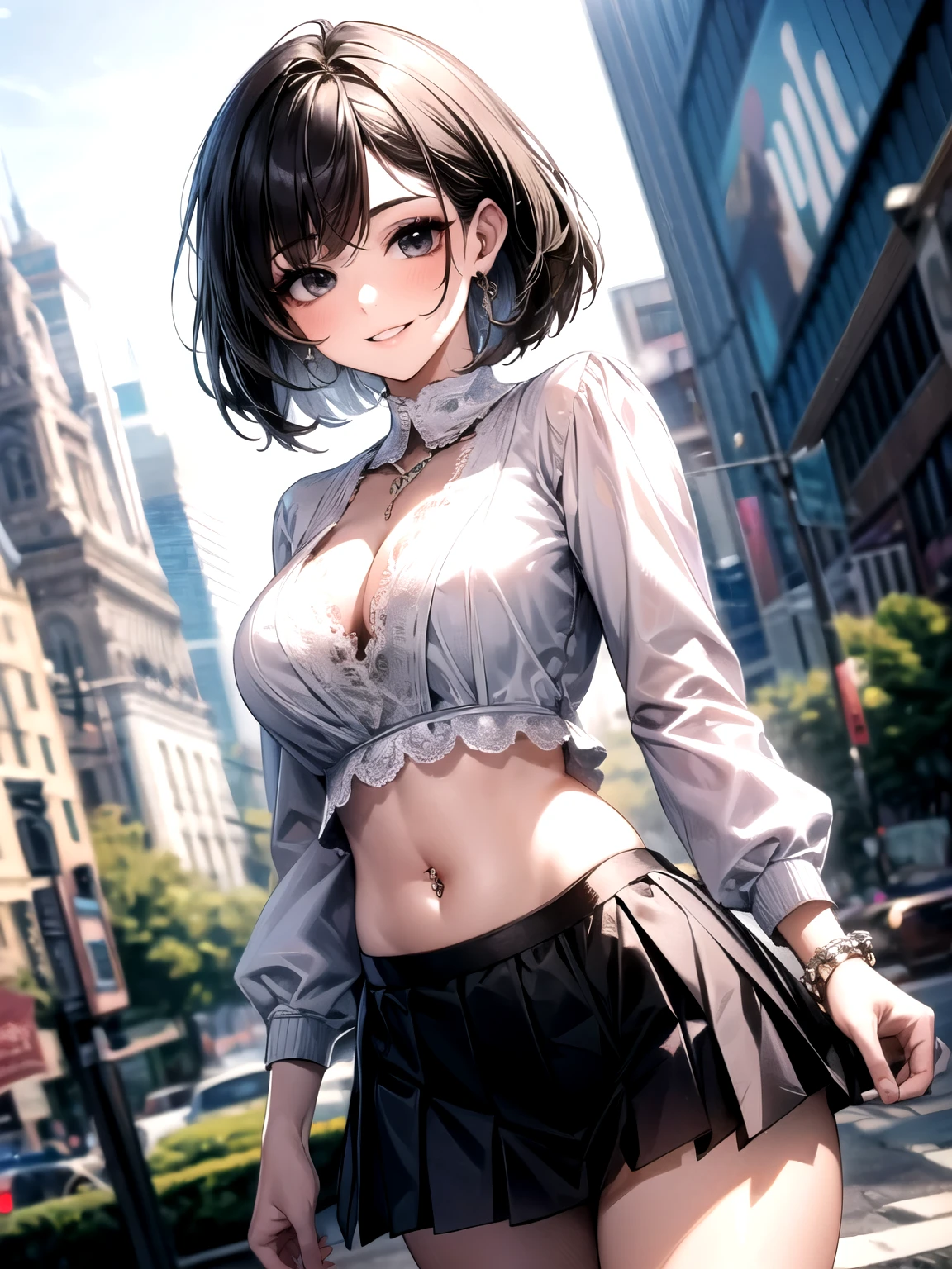 (masterpiece, highest quality, extremely detailed CG), perfect pixel, one girl, cute, perfect body, anatomically correct, beautiful eyelashes, 

20 years old, (natural makeup:1.3), black hair, bob cut, swept bangs, BREAK black eyes, droopy eyes, thick thighs, medium breasts, cleavage, lots of pierced earrings, silver chain necklace, silver bracelet, bare belly button, belly piercing, smile, 

looking at viewer, ((dynamic angles)), dynamic pose, 

BREAK romantic outfit with soft fabrics and delicate details, early autumn outfit, long sleeve white blouse with large lace collar, pleated mini skirt with lace embellishment, 

daytime, outdoors, modern cityscape, fashion shoot,