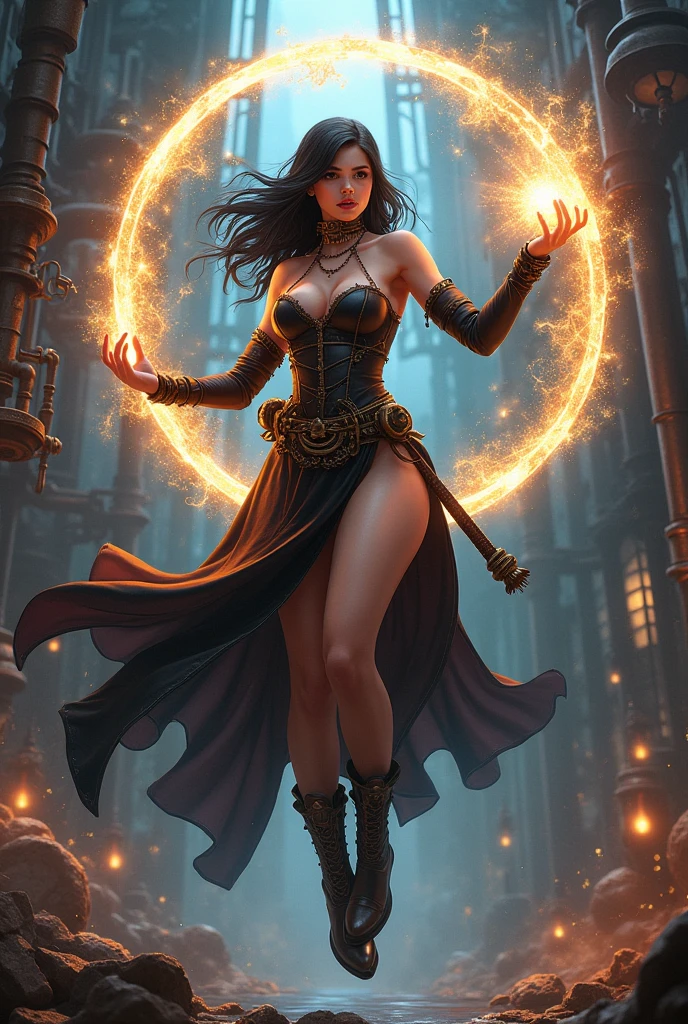 Una chica latina, con el cabello corto y negro, posando como supervillana en el infierno, con una sonrisa maliciosa