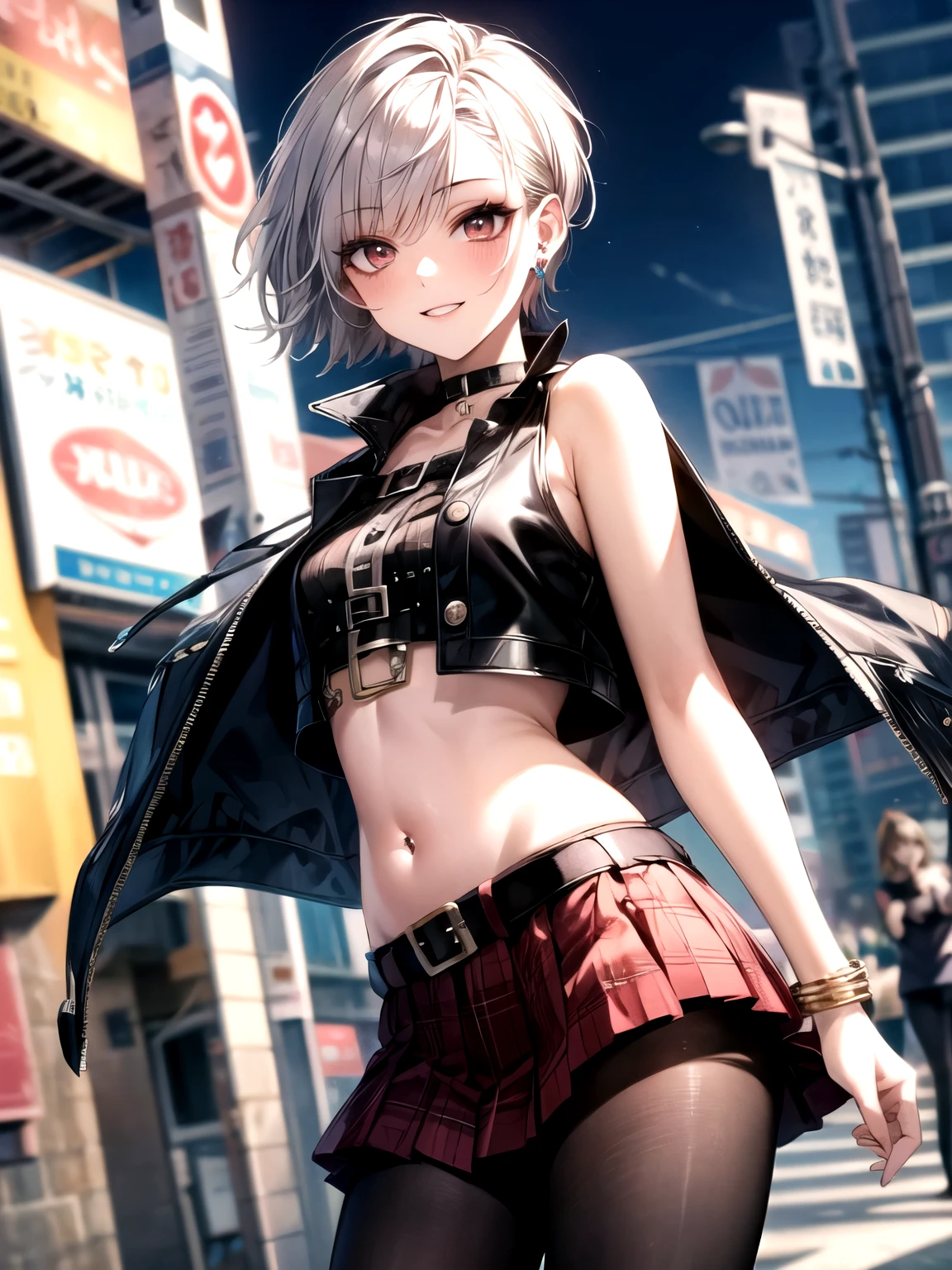 (masterpiece, highest quality, extremely detailed CG), perfect pixel, one girl, cute, perfect body, anatomically correct, beautiful eyelashes,
20 years old, ((adult women)), (clear make up:1.3), cherry pink lip, ((ash gray hair)), (punkish very short hair:1.3), (short shaved sides hair:1.3), ((partial bangs)), BREAK dark brown eyes, droopy eyes, (medium body), (small breasts), lots of pierced earrings, leather choker, silver bracelet, studded bracelets, bare belly button, belly piercing, smile,
looking at viewer, ((dynamic angles)), dynamic pose,
BREAK street style outfit with edgy and urban vibe for early autumn outfit, sleeveless leather rider jacket, (buckle detail red tartan check pleated mini skirt), (black pantyhose),
BREAK daytime, outdoor, urban street, fashion shoot,