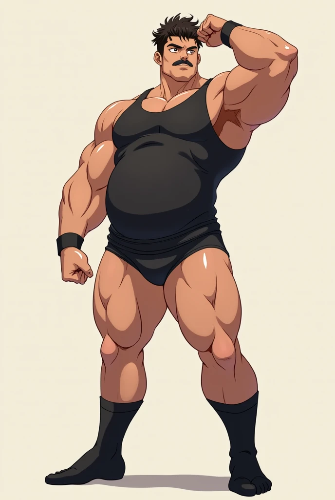 1 boy,hairy,bara anime style,tank black top,black long socks,short curly hair,bulge,one arm up,sexy pose,bulky,black long boxer briefs,no other accessories,show full body.no gloves,teenage mustache 