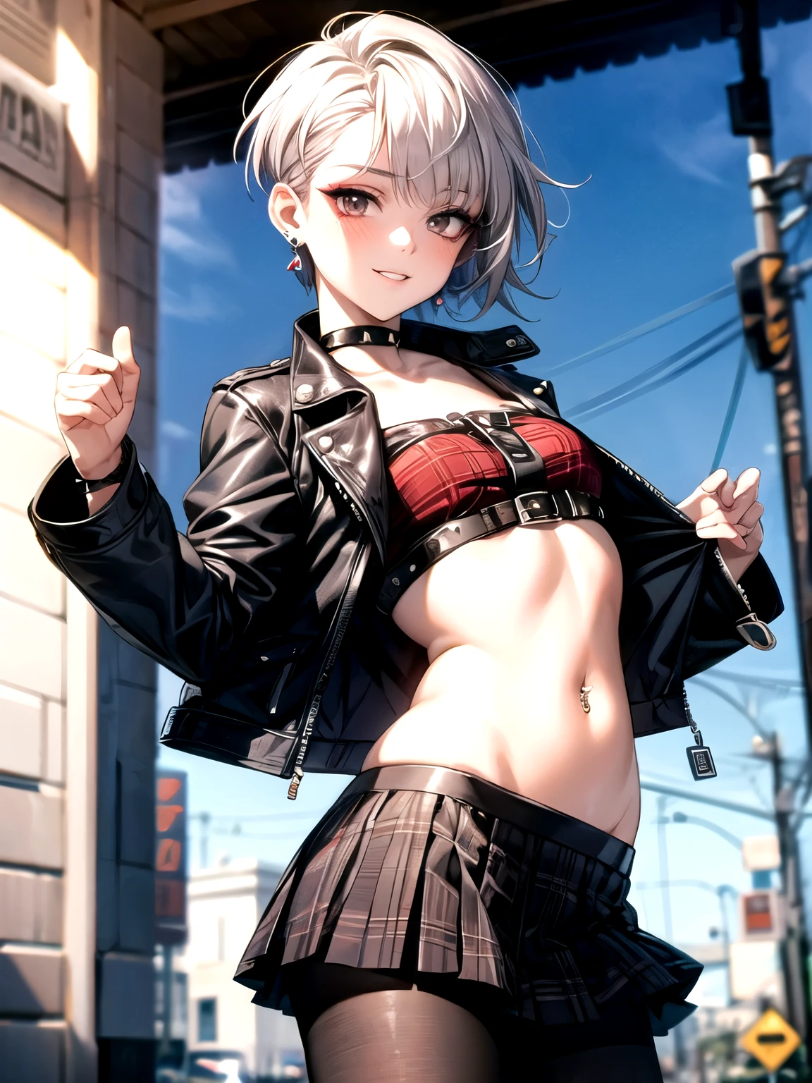 (masterpiece, highest quality, extremely detailed CG), perfect pixel, one girl, cute, perfect body, anatomically correct, beautiful eyelashes,
20 years old, ((adult women)), (clear make up:1.3), cherry pink lip, ((ash gray hair)), (punkish very short hair:1.3), (short shaved sides hair:1.3), ((partial bangs)), BREAK dark brown eyes, droopy eyes, (medium body), (small breasts), lots of pierced earrings, leather choker, silver bracelet, studded bracelets, bare belly button, belly piercing, smile,
looking at viewer, dynamic angles, dynamic pose,
BREAK street style outfit with edgy and urban vibe for early autumn outfit, leather rider jacket, (red tartan check pleated mini skirt), (black pantyhose),
BREAK daytime, outdoor, urban street, fashion shoot,