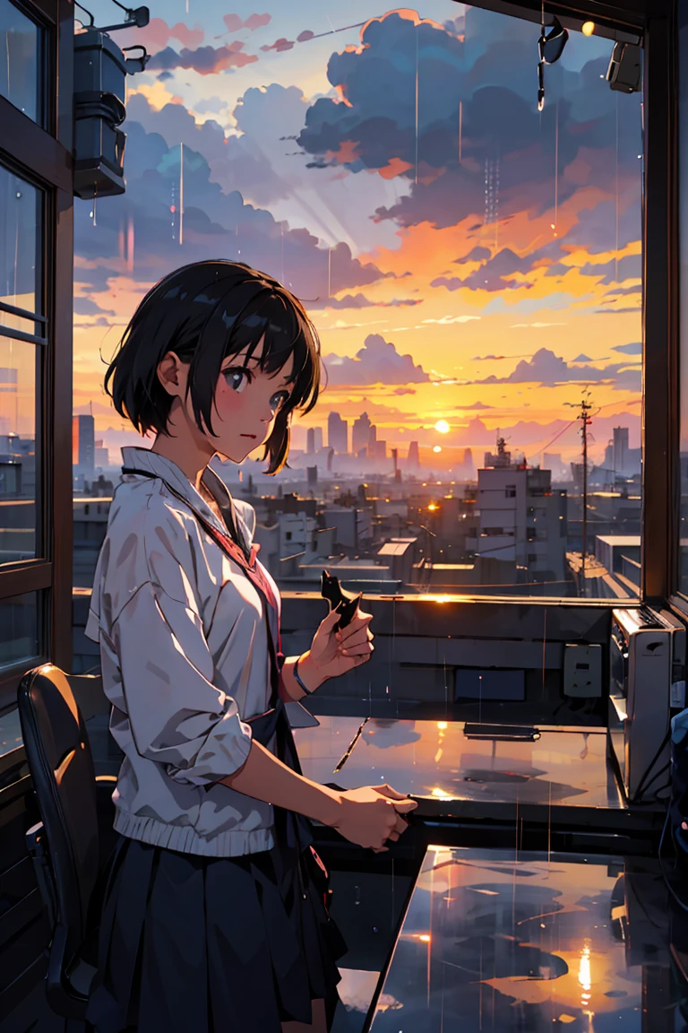 Best Quality, Beautiful vast plains, Rich, cat, Earth, Office District (girl), cloud, sunset, Sudden Rain, Attachment Platform, shinkai makoto、Evening sky、