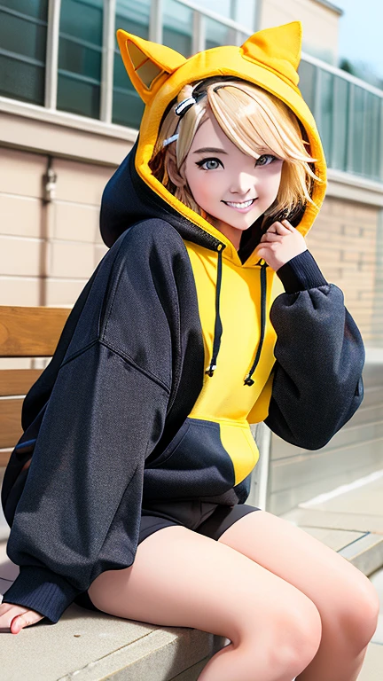 (masterpiece), (highest quality), (illustration), (super detailed), (high resolution), absurdity, one girl, (kagamine-rin), (vocaloid), smile, short hair, hair clip, (hoodie with cat ears), wearing a hoodie hat, moe sleeves, blush, black shorts, (blonde), (tattoo of the number 02 on the left arm), very cute girl, small, young, delicate, Outdoors, attention to girls