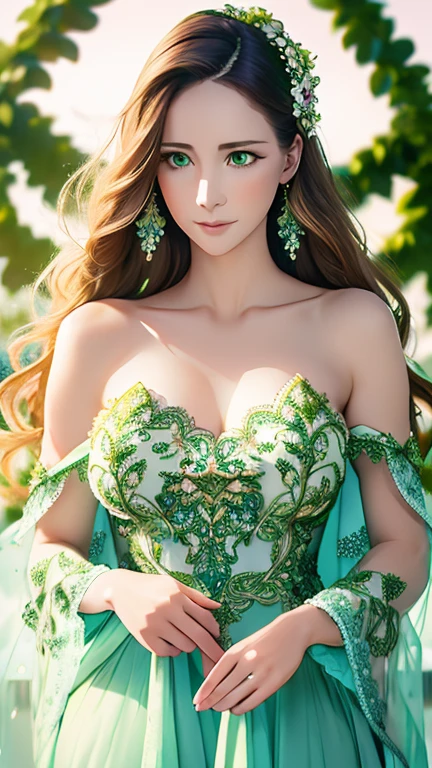 (8k, RAW photo, best quality, masterpiece:1.2), (realistic, photo-realistic:1.37), 1girl, elegant dress, green eyes, long flowing hair, intricate floral patterns on dress, delicate lace and embroidery, beautiful jewelry, radiant skin, serene expression, glowing natural lighting, lush garden background, vibrant colors, cinematic composition