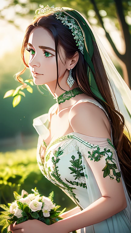 (8k, RAW photo, best quality, masterpiece:1.2), (realistic, photo-realistic:1.37), 1girl, elegant dress, green eyes, long flowing hair, intricate floral patterns on dress, delicate lace and embroidery, beautiful jewelry, radiant skin, serene expression, glowing natural lighting, lush garden background, vibrant colors, cinematic composition