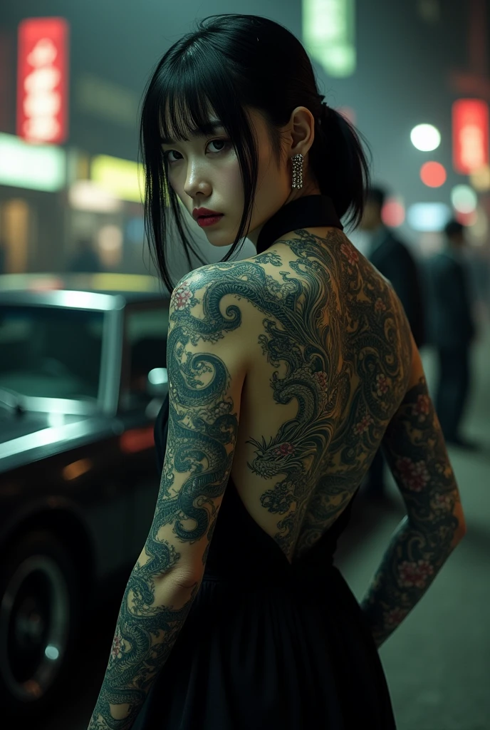 A strikingly alluring japanese girl with sleek black hair adorned with intricate yakuza dragon tattoos sits in a Japanese bar, her shiny skin glistening under the dim lights. She is depicted in a photograph, seen from the back while glancing coyly at the viewer, showcasing her beautiful eyes. The scene captures her taking off her kimono, emphasizing the contrast between her delicate features and the edgy tattoo art. The image exudes a seductive yet mysterious vibe, with attention to detail in the composition and lighting, making it a visually stunning piece of art.. Hyperrealistic style with high contrast and saturation, sharp focus