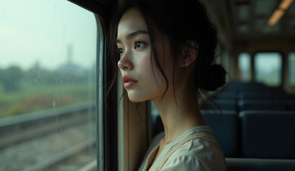editorial photography,super detailed background,Super realistic,double exposure,depth of field,beauty cute super slender skinny vides,soft_focus tone,narrative scene,A woman on the train is seen from outside the train,