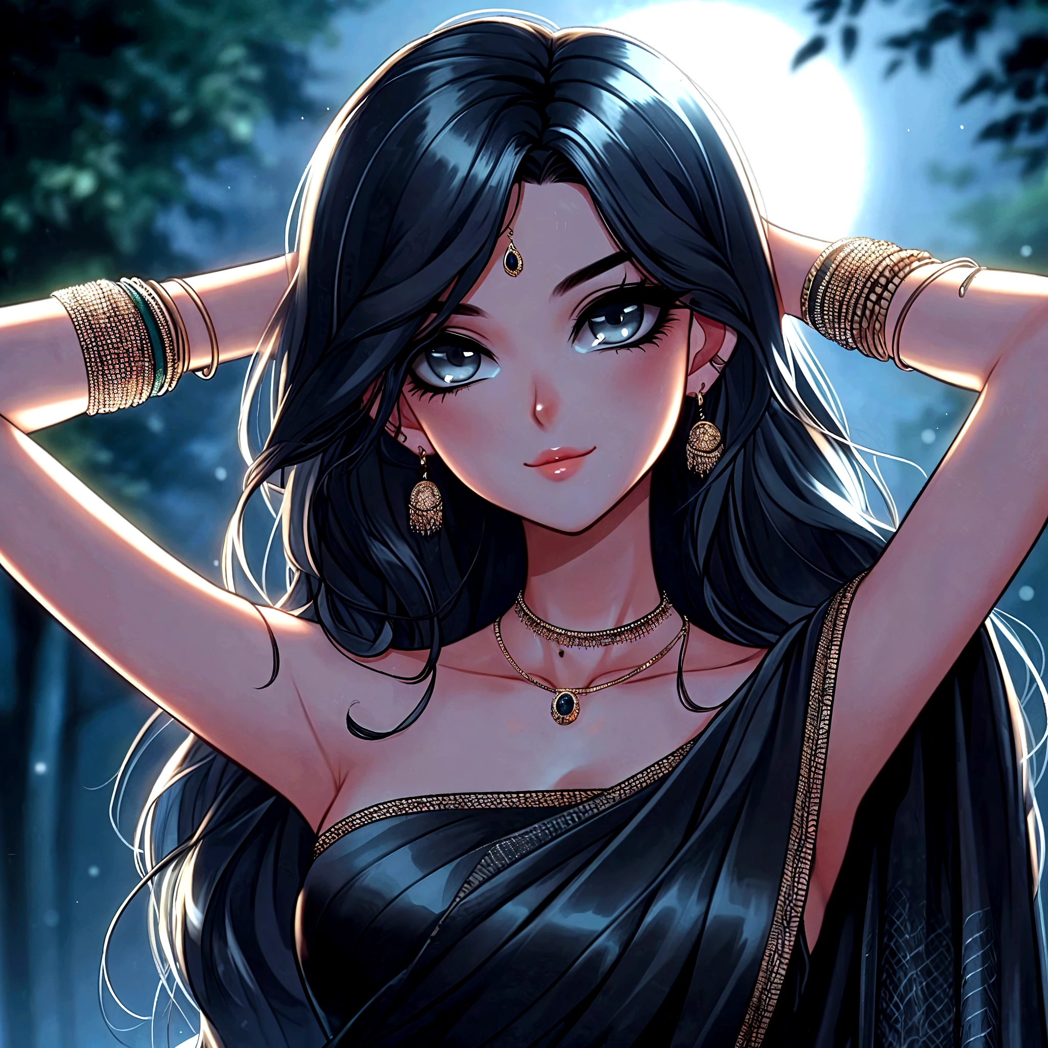 Anime girl with black hair and jewelry in a forest - SeaArt AI