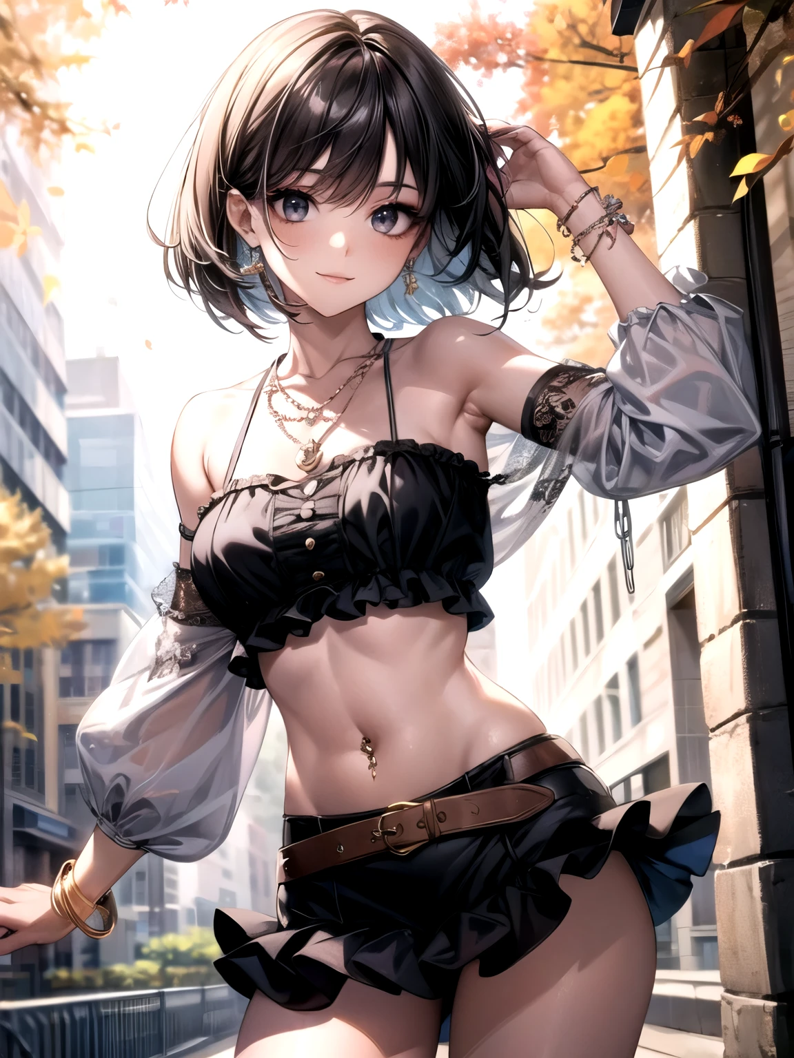 (masterpiece, highest quality, extremely detailed CG), perfect pixel, one girl, cute, perfect body, anatomically correct, beautiful eyelashes, 

20 years old, (natural makeup:1.3), black hair, bob cut, swept bangs, BREAK black eyes, droopy eyes, captivating thighs, medium breasts, 

lots of pierced earrings, silver chain necklace, layered silver necklaces, silver bracelet, bare belly button, belly piercing, 

smile, looking at viewer, dynamic pose, dynamic angles, 

Romantic outfit with soft fabrics and delicate details,  early autumn fashion, black lightweight long-sleeve top, black ruffled mini skirt with wide belt, 

BREAK daytime, early autumn, outdoors, modern cityscape, fashion shoot,