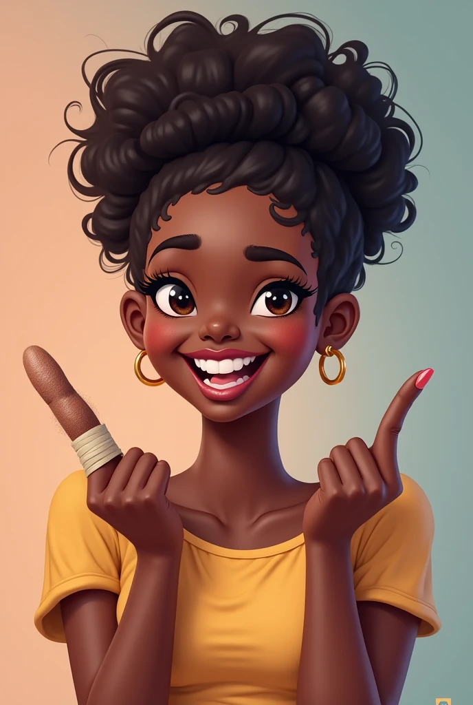 Create character in 3D drawing 30 year old black woman, slightly chubby body, very curly hair, rolled up and tied up, black eyes, purple shirt, he making a positive sign