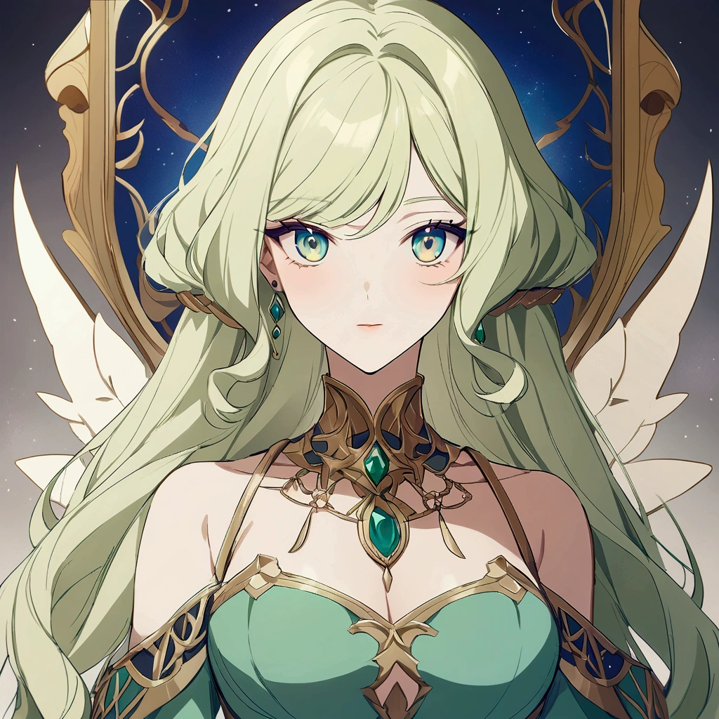 adult man, longue blonde hair, Green eyes, eye on the forehead, Toothed crown, open torso, King-God, wings, Masterpiece, hiquality