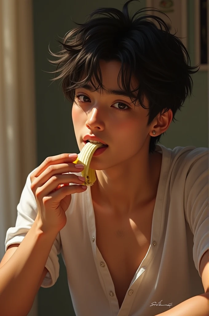 Watercolor painting effect, (showing armpit:1.3), boy eat watermelon,with short black hair,shirtless,Has a baby face,garden,body only
