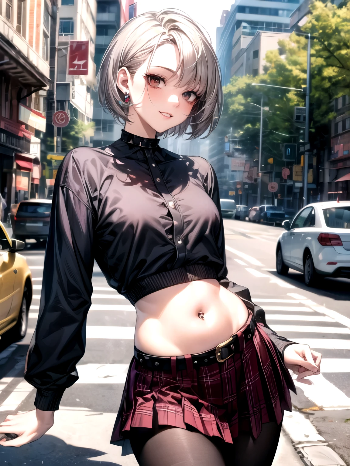 (masterpiece, highest quality, extremely detailed CG), perfect pixel, one girl, cute, perfect body, anatomically correct, beautiful eyelashes, 

20 years old, (adult women), (clear make up:1.3), cherry pink lip, ((ash gray hair)), (very short hair:1.3), (short shaved sides hair:1.3), (asymmetrical hairstyle), ((partial bangs)), BREAK brown eyes, droopy eyes, (medium body), (small breasts), 

lots of pierced earrings, leather choker, silver bracelet, studded bracelets, bare belly button, belly piercing, 

smile, looking at viewer, dynamic angles, (dynamic pose), 

BREAK Street style outfit with edgy and urban vibe for early autumn, black long sleeve top with a wide open neckline, red tartan check pleated mini skirt with wide belt, black pantyhose, 

BREAK daytime, early autumn, cityscape, huge road, crosswalk, many buildings, huge buildings, traffic lights, roadside trees lined up along the road, guardrails, fashion shoot,