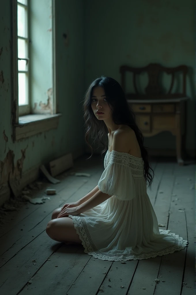 woman in a white dress sitting on the floor., Stefan Gesell, tattered gothic horror maiden, inspired by Bastien L.. Deharme, fine art fashion photography, Miss Aniela, tattered dress, inspired by verehin maxim, impressive and moody, dramatic lighting fantasy, by Elizabeth Polunin, by Ludwik Konarzewski
