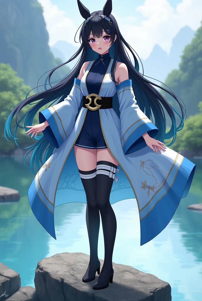 White girl with black hair with blue tips, straight, short, shoulder length, wearing a long black dress with a blue sash ((Shoulders exposed)) ((blue colored eyes)) is standing in a park, startled scared expression afraid shrunken fair skin small mouth.