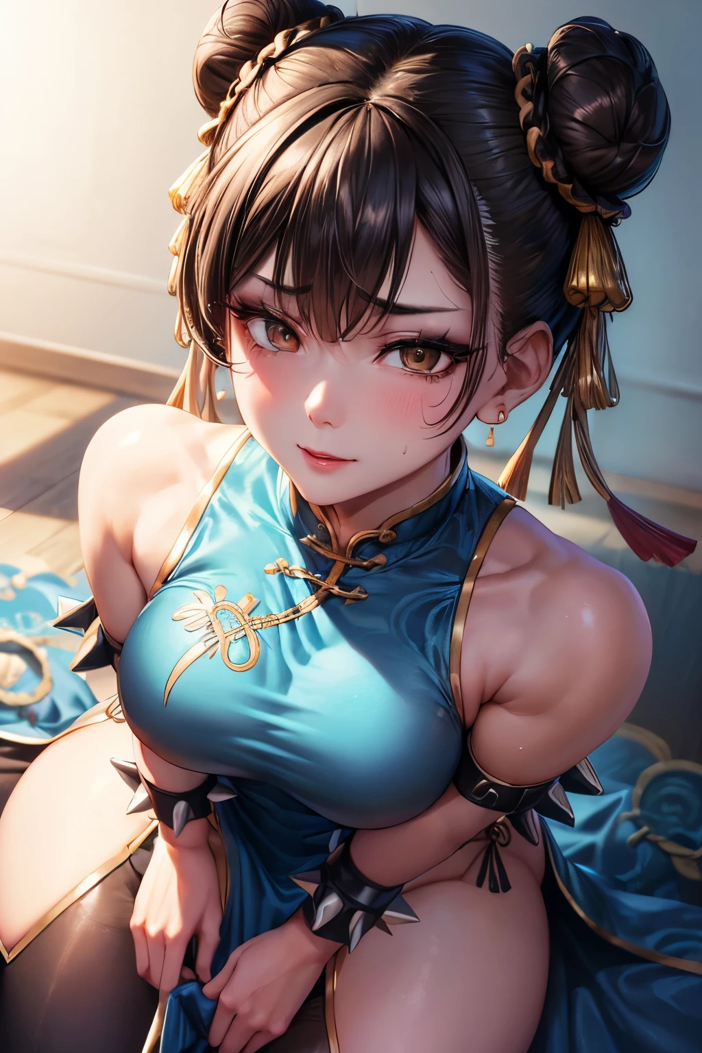 (((1girl))), Chun Li, on bed, full body, erotic, smile, perfect eyes, (((brown hair in twin hair buns))), (((ribbons in hair))), sexy lingerie, (((big boobs))), (((big thighs))), perfect body, sweat, moaning