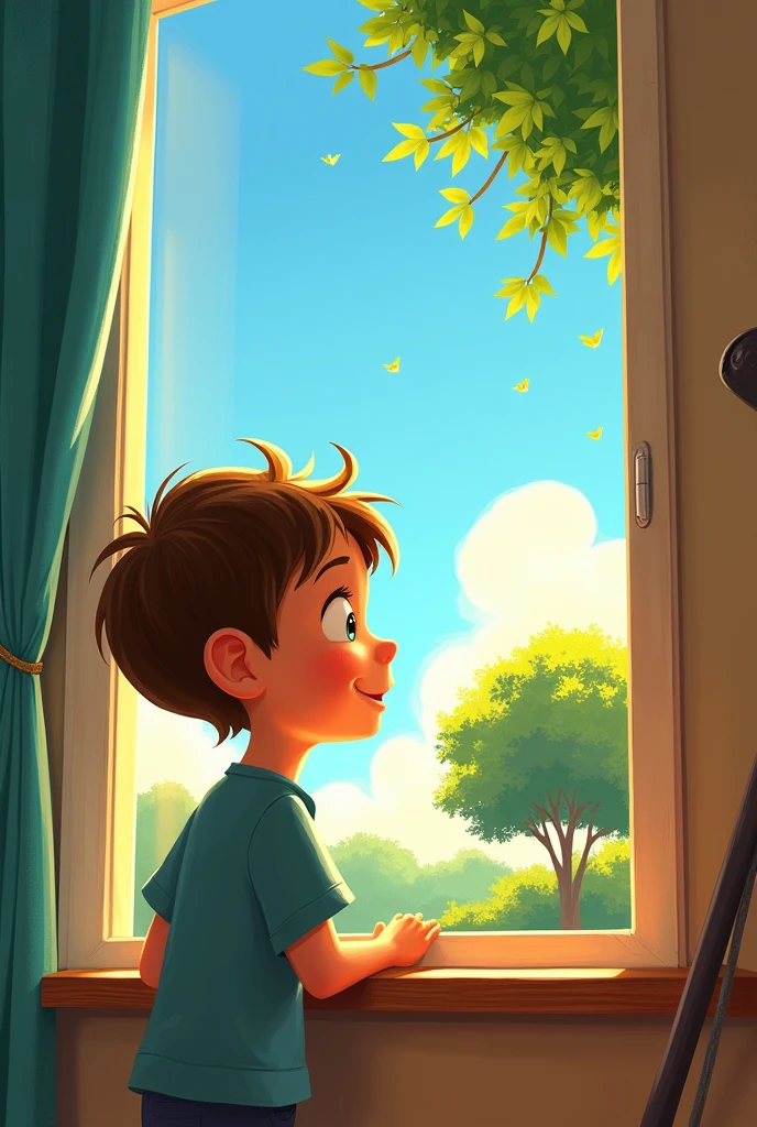 a boy looking down at an apple on his  doorstep in the early morning 