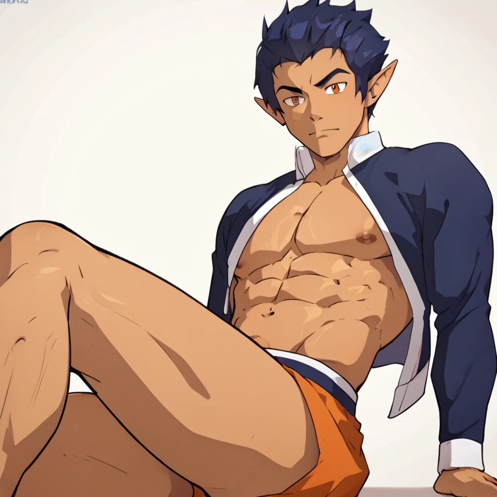 score_9, score_8_up, score_7_up, score_6_up, rating explicit, focus male, source anime, guy, indigo skin, huge nipple, Hair Bangs covering the eye, sexy pose, full body, florest, low angle, abs, yaoi, butt, navel, Pointed ears, orange eye, lens flare, Bright aura