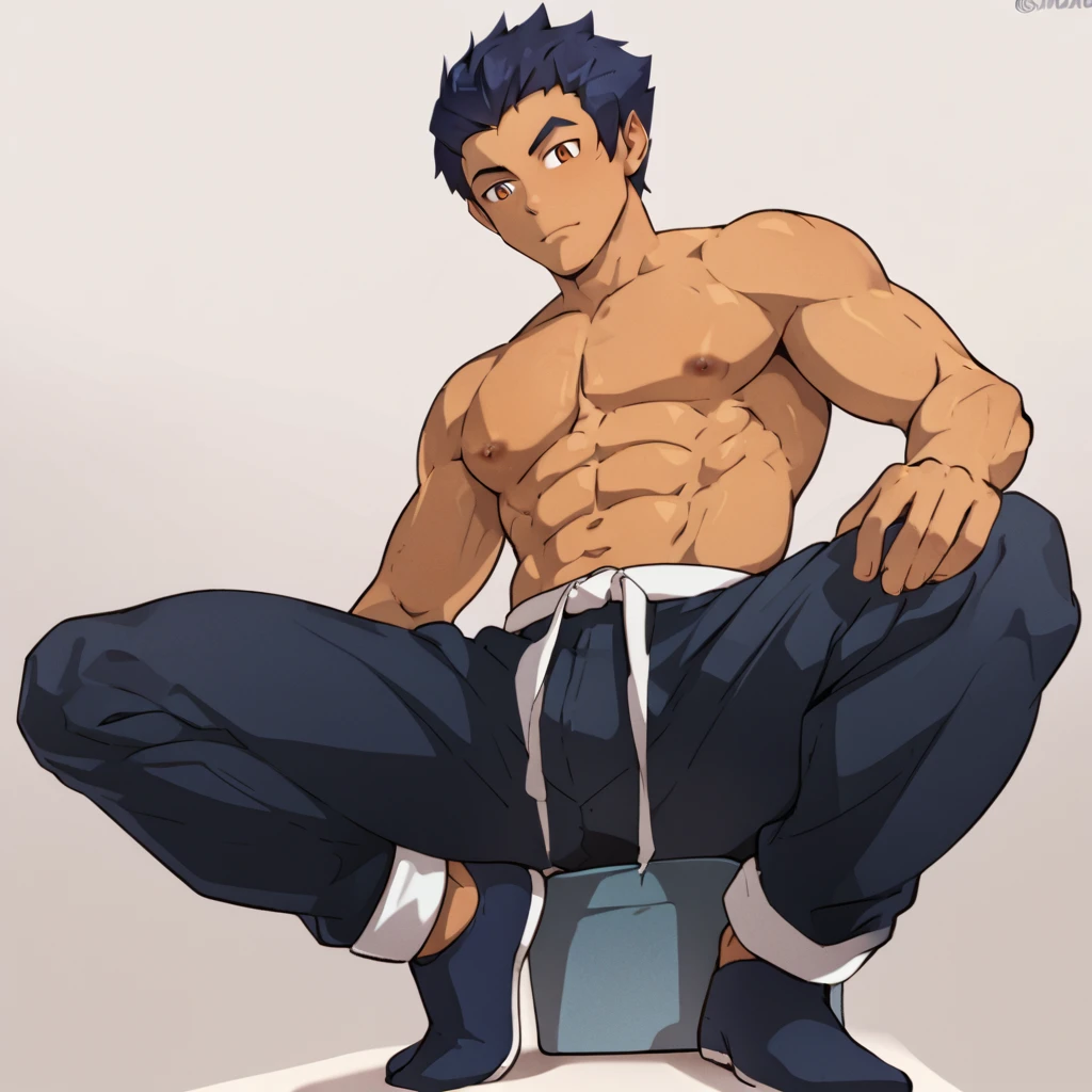 score_9, score_8_up, score_7_up, score_6_up, rating explicit, focus male, source anime, guy, indigo skin, huge nipple, Hair Bangs covering the eye, sexy pose, full body, florest, low angle, abs, yaoi, butt, navel, Pointed ears, orange eye, lens flare, Bright aura