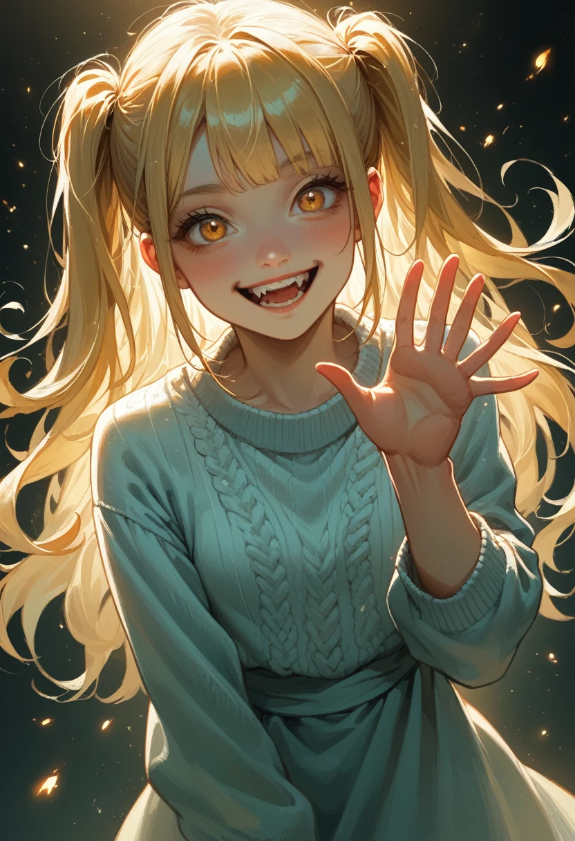 Toga Himko, Create a vibrant character with light blonde hair styled with short, straight bangs and two high ponytails, with some strands left loose. She has a youthful, oval face with large, amber eyes that convey a playful, mischievous expression. Her fair skin shows a slight blush on her cheeks, emphasizing her youthful age of around . Dress her in a casual, light-colored sweater with a simple, cozy design, suggesting comfort. Capture her in a playful pose, making a playful gesture with one hand while smiling widely, showing her teeth with the fangs visible. Use bright, warm colors and dramatic lighting to highlight her features against a soft, luminous background, creating a cheerful, energetic atmosphere.