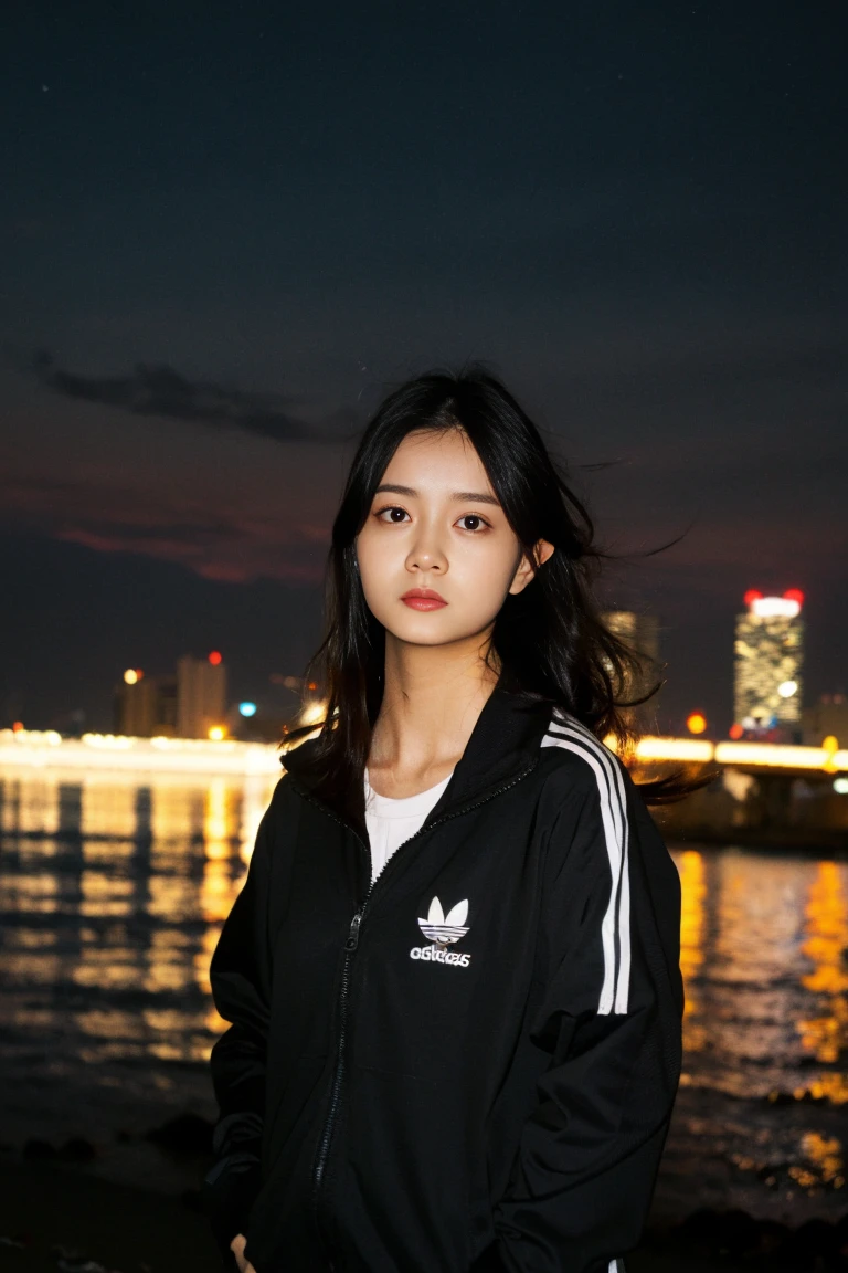 ((Midnight, Best quality, 8k, Masterpiece :1.3)), (Sharp focus :1.2), realistic, photorealistic, hyper realistic, 1girl, solo, wearing adidas tracktop jacket, baggy jeans, neon citylight