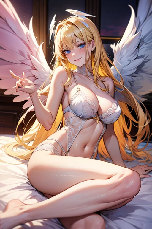 yellow hair, blue eyes, sexy, (white angel wings), large breasts, sexy, beautiful body, masterpiece, ((pink lingerie)), smile, bedroom