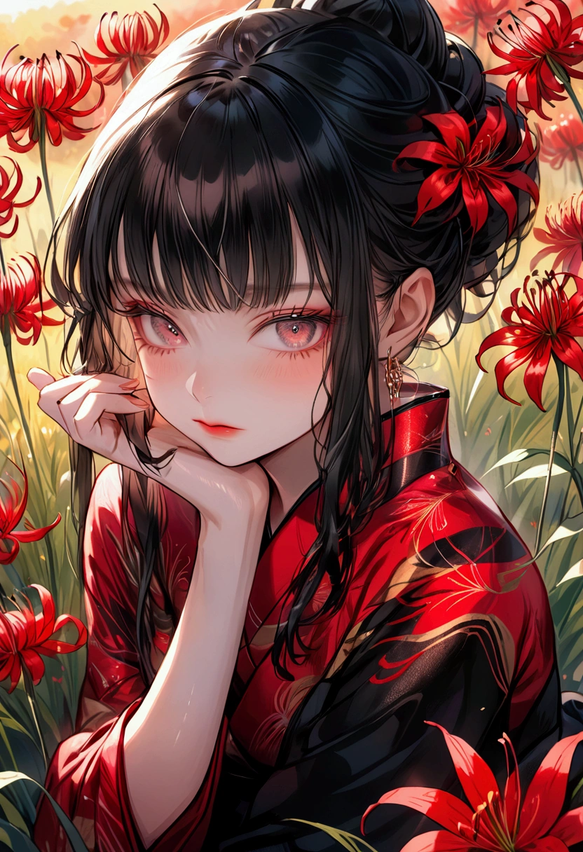 Cute young girl, A grassland filled with vibrant red spider lilies, kimono, Shiny black hair, Updo, Embarrassed face, Adorable appearance, Coquettish atmosphere, Middle chest, Beautifully detailed (bangs, eye, Long eyelashes, lips, thigh), The gesture of gently combing hair, Autumn&#39;s gentle sunlight and refreshing breeze, 