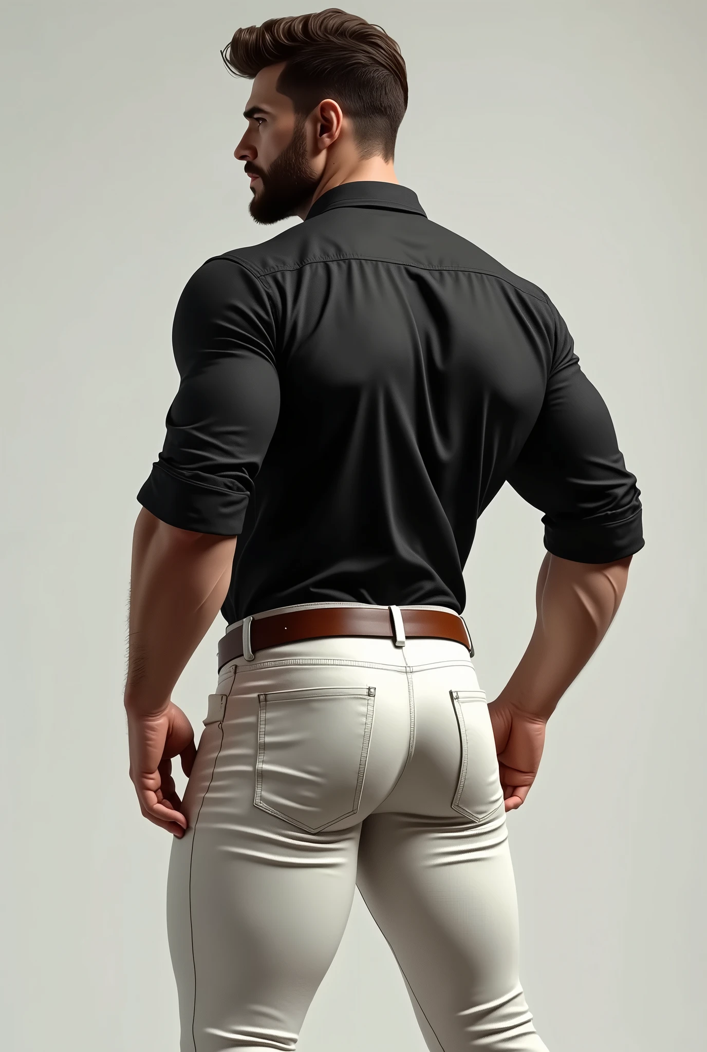 Un hombre con la cara se parece a braden werch., Su cuerpo es musculoso y pe barba dentada. Full body. Camisa Fajada,((big butt)), backside manly, brown trouser